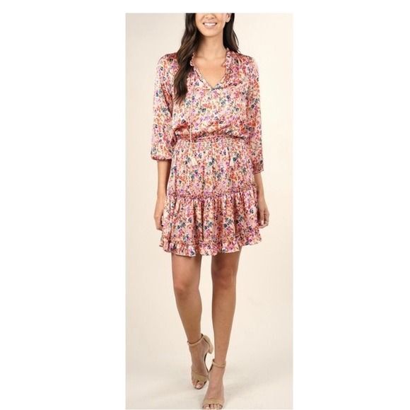 Love stitch Pink Floral Smocked Waist Tiered Ruffle Dress with Tassel Tie Medium - Picture 12 of 12